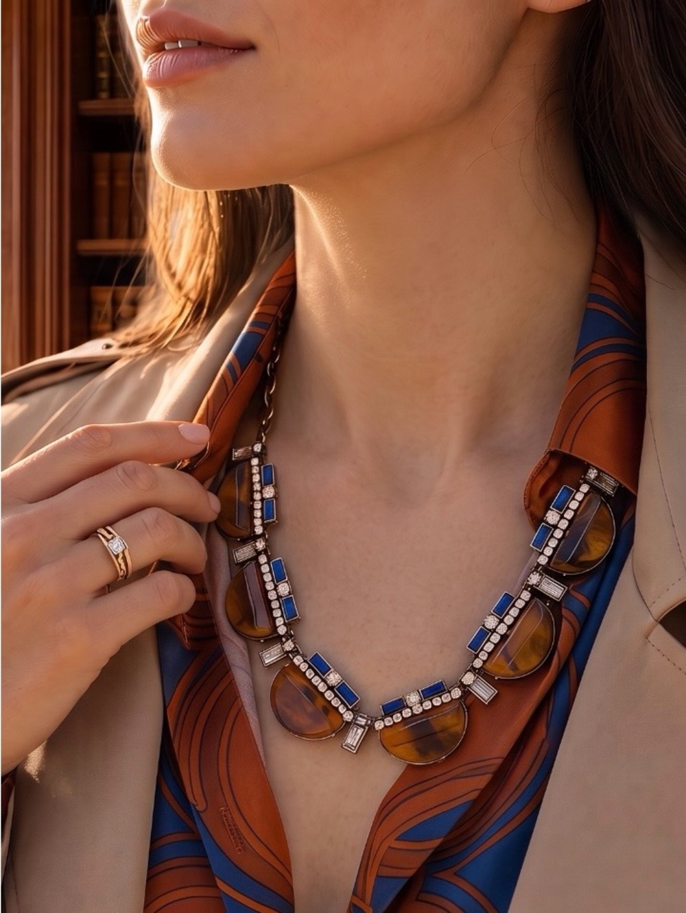 Baublebar Tortoiseshell and Sapphire Enamel Art Deco Style Statement Necklace